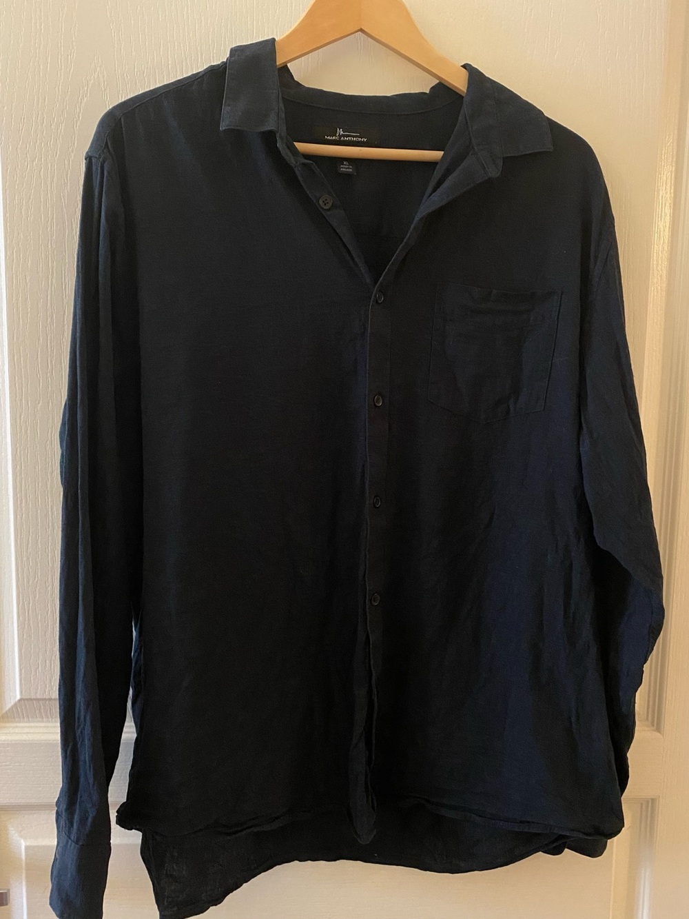 MARC ANTHONY Linen-Cotton Button Down Collared Slim Fit Shirt in Dark Blue - XL